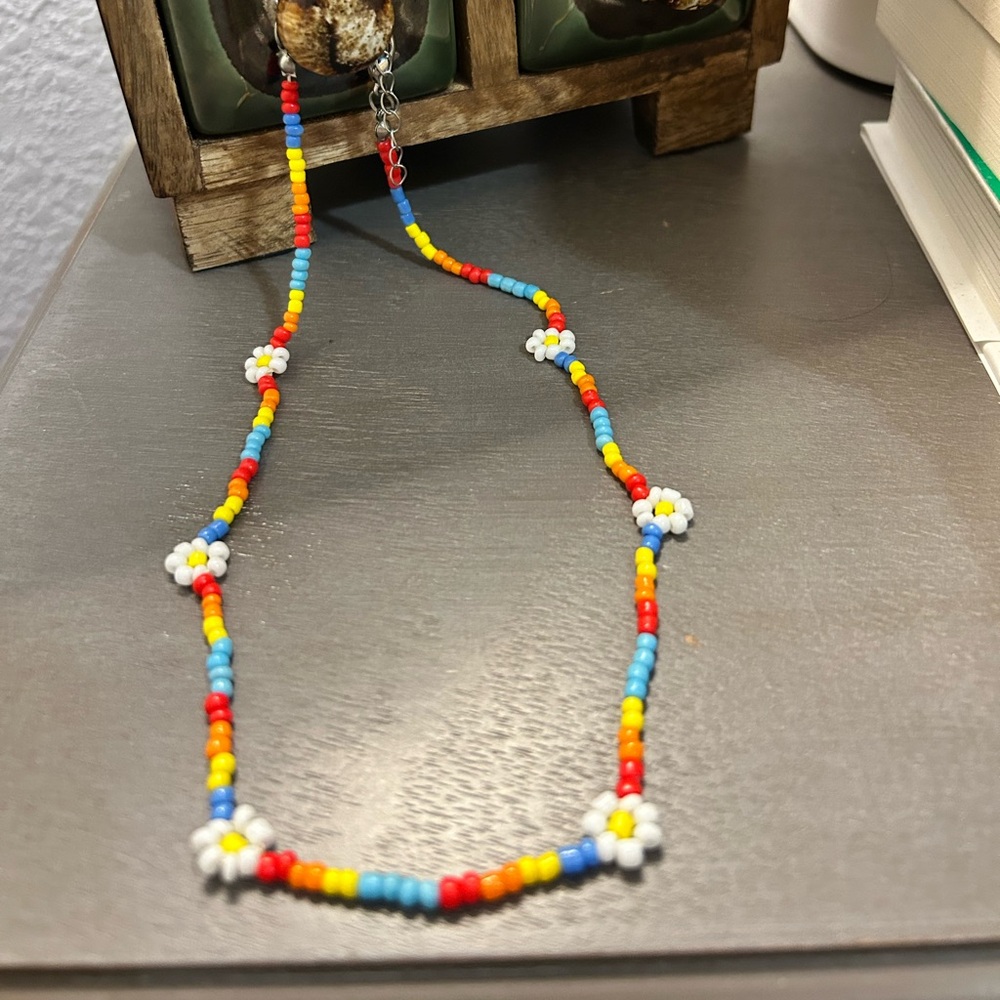 Colorful Beaded Necklace with Flower Accents